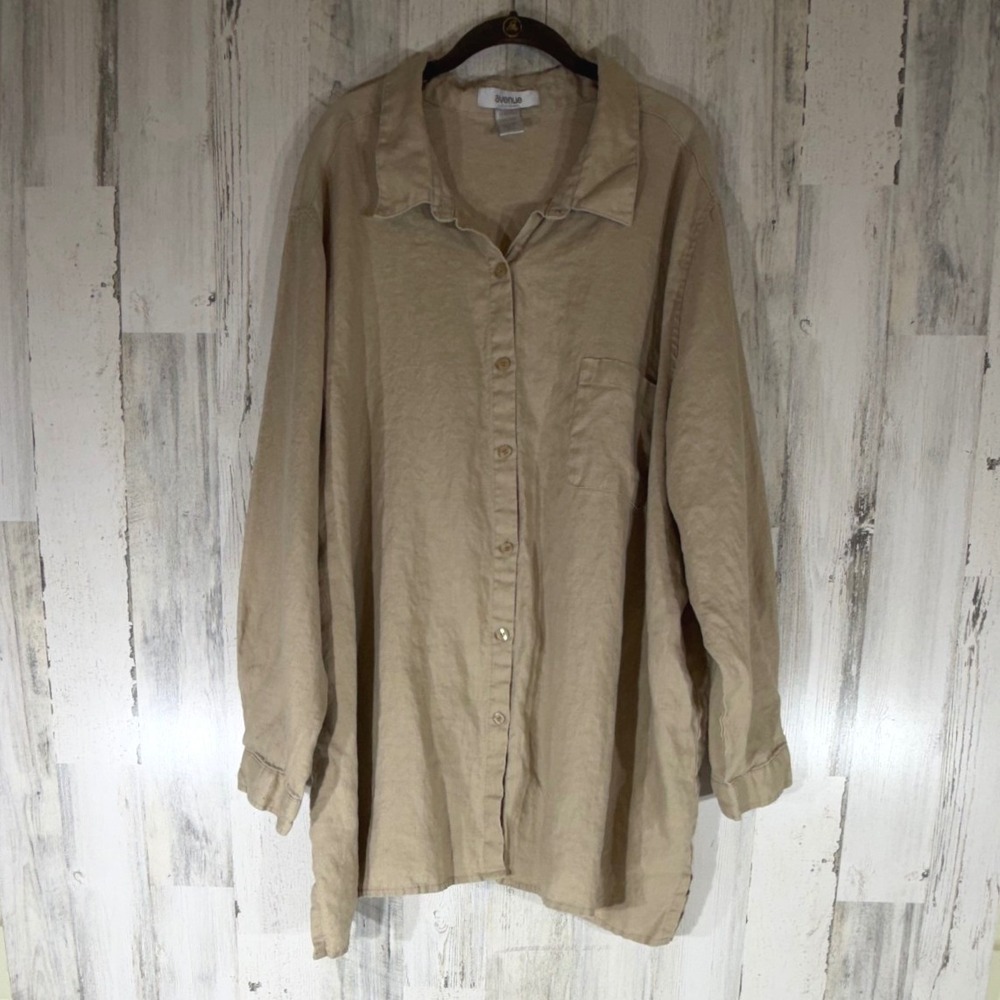 Avenue Button Down Shirt 34/36 Tan 100% Linen Neutral Lagenlook Coastal Boho